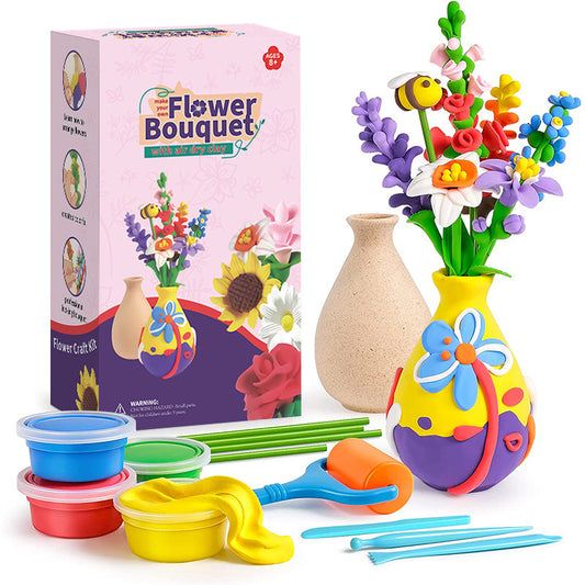 Kids Flower Craft Kit - Make Your Own Flower Bouquet with Air Dry Modeling Clay - Soft & Ultra Light Molding Clay - Arts and Crafts Gift for Girls Age 4-12