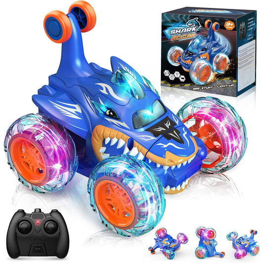 Stunt RC Car, Cool Rechargeable Remote Control Car with 360 Flips 4WD Wheel Lights for Boys Birthday Chritmas Gifts, Shark