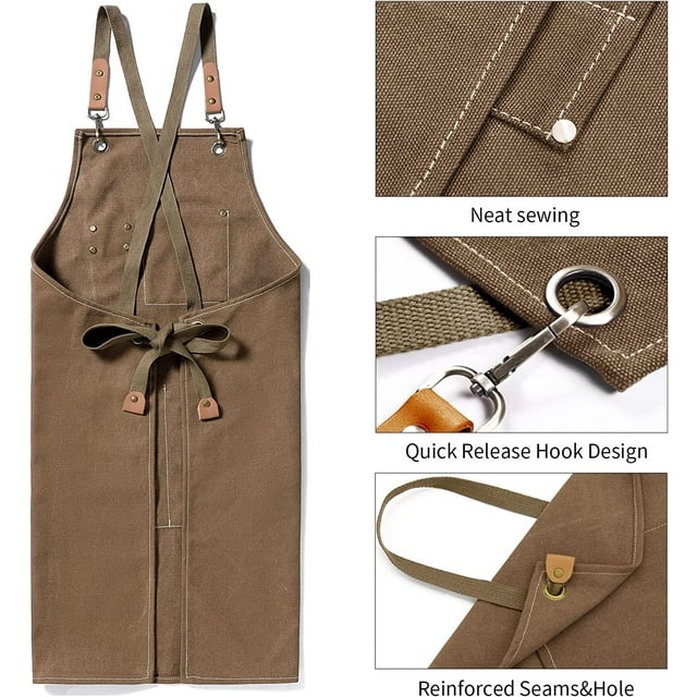 Chef Apron for Men and Women with Large Pockets, Canvas Cross Back Cotton Work Aprons,Size M to XXL, Brown