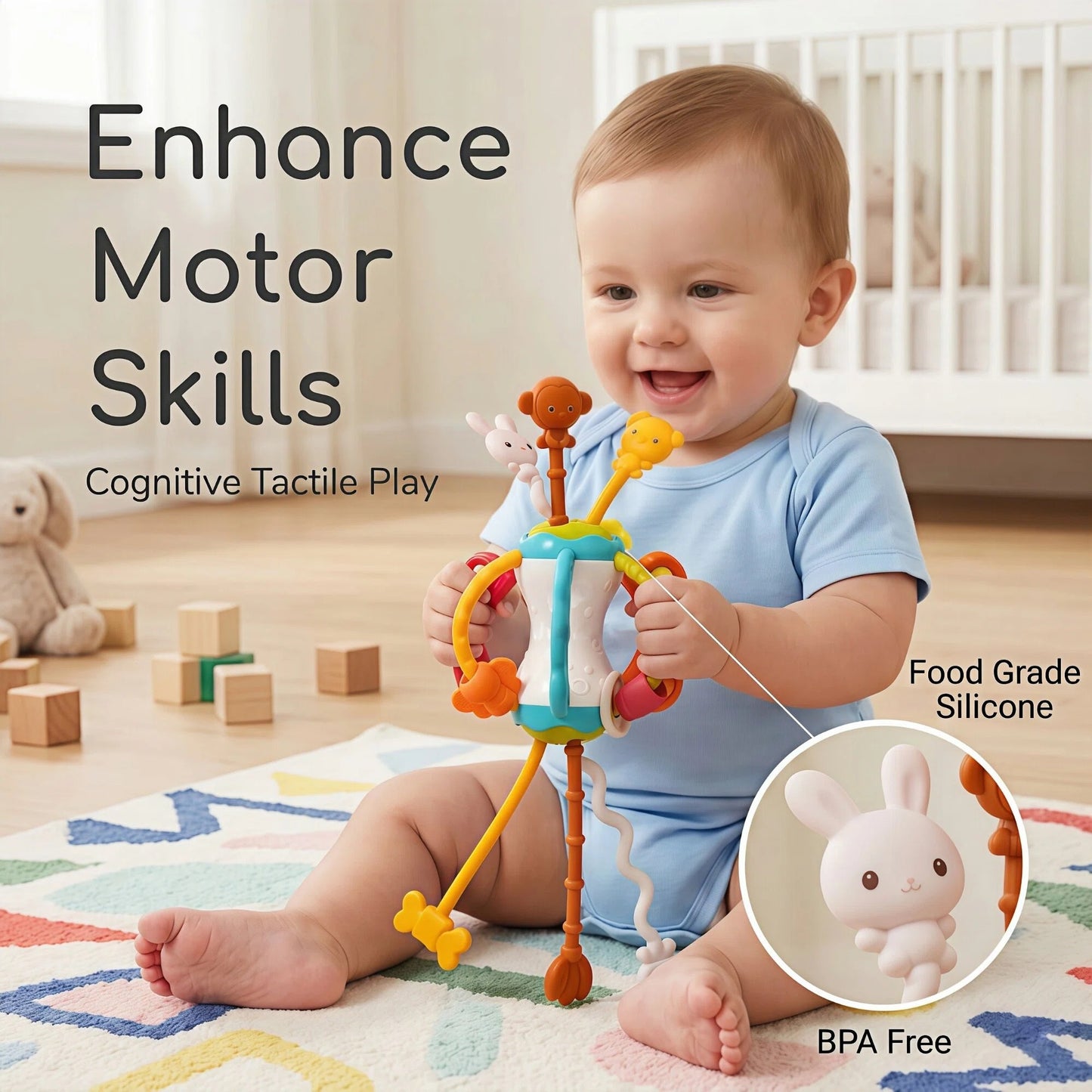Montessori Toys for Babies 6-12 Months, Infant Sensory Gift Develops Fine Motor Skills, Toddler Boy Girl Travel Toys, with Silicone Pull Strings for 1 Year Olds