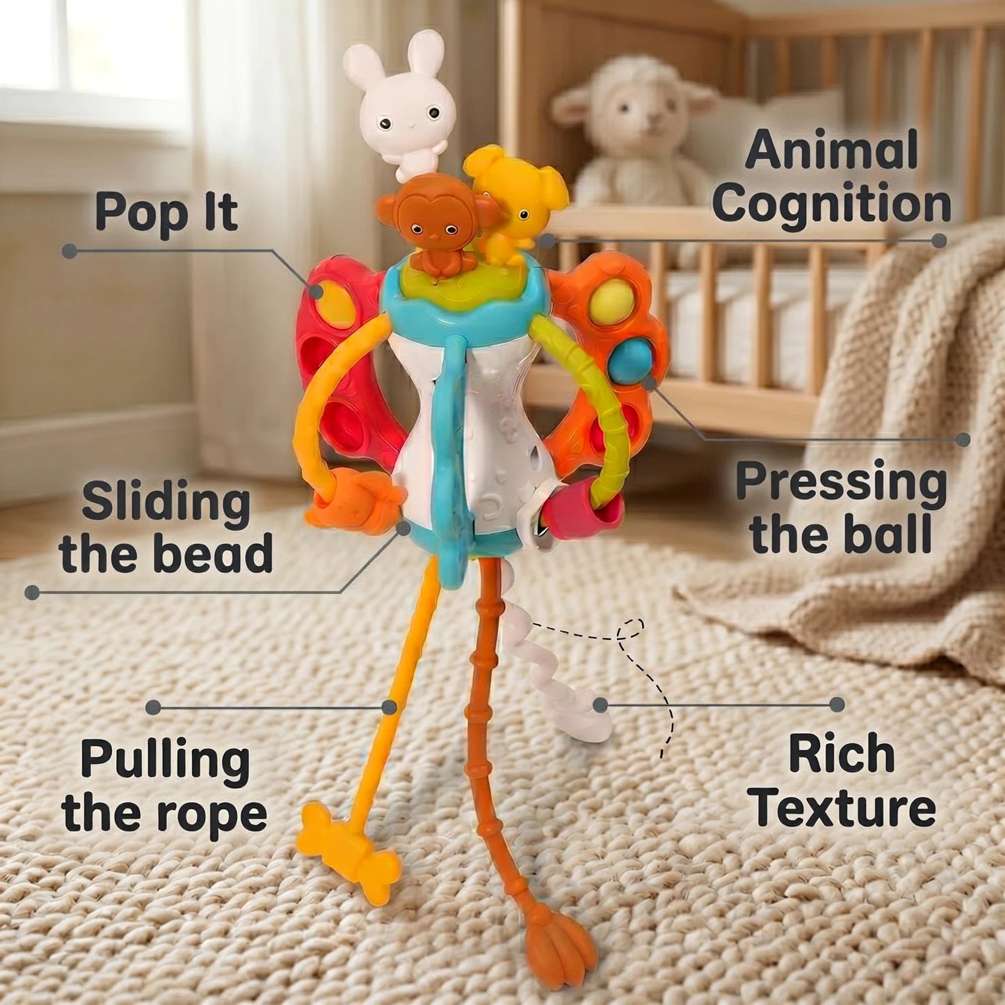 Montessori Toys for Babies 6-12 Months, Infant Sensory Gift Develops Fine Motor Skills, Toddler Boy Girl Travel Toys, with Silicone Pull Strings for 1 Year Olds